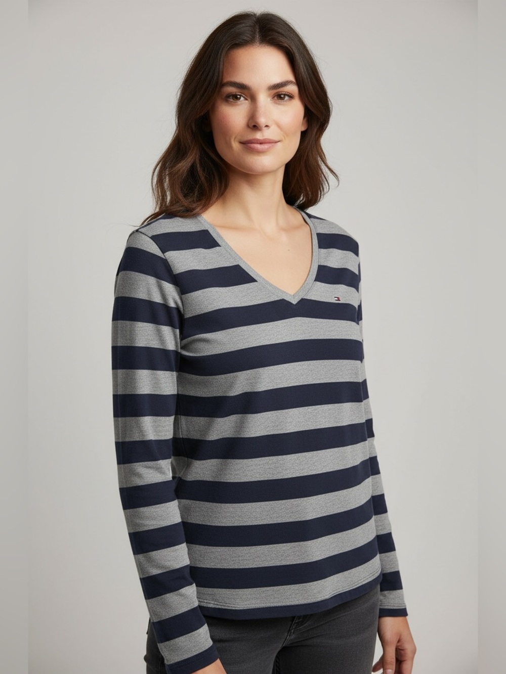 Tommy Hilfiger Navy and Gray Striped V-Neck Long Sleeve Top